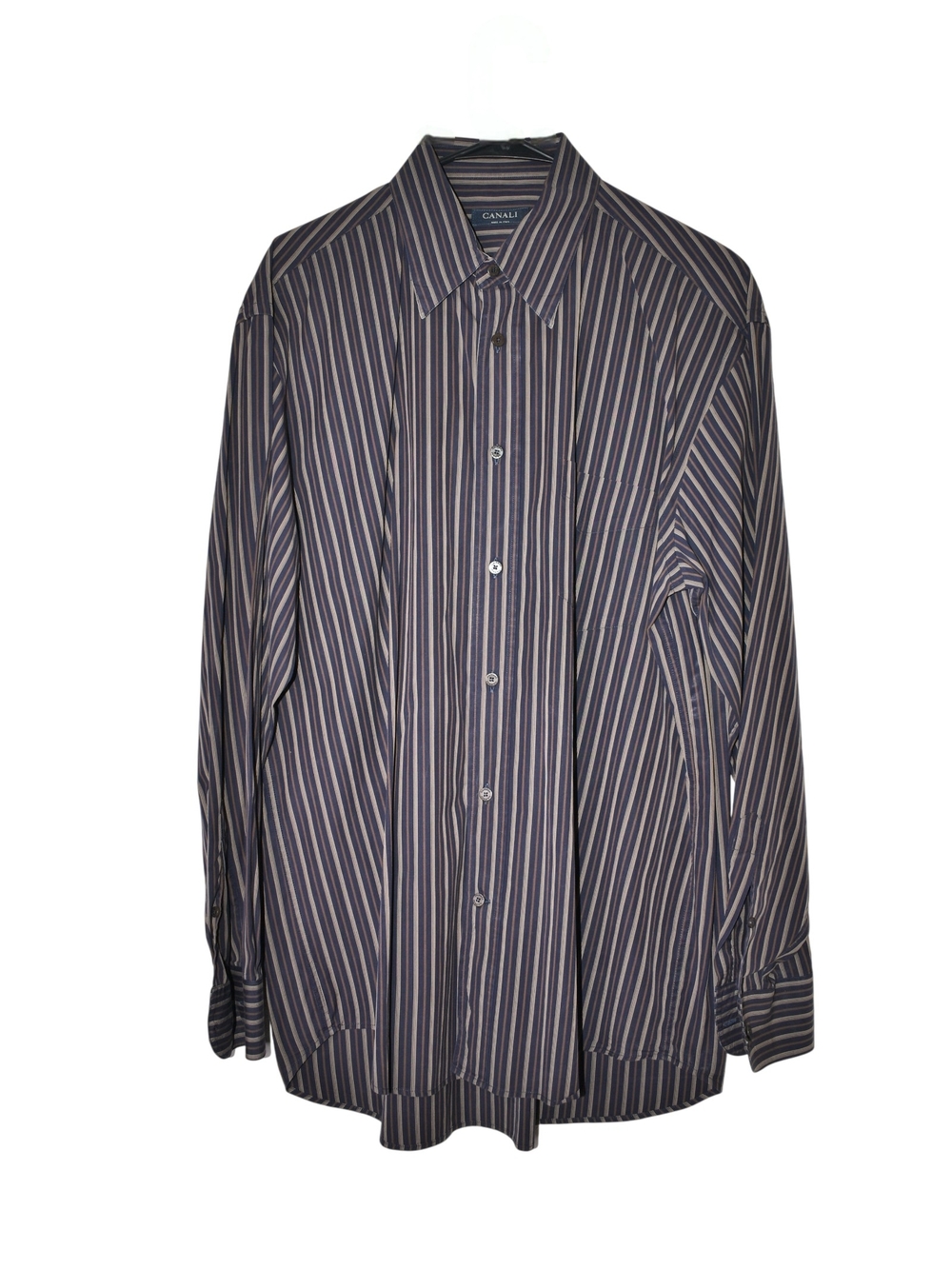 Canali Men's Striped Dress Shirt 100% Cotton Made in Italy Navy Brown Size L